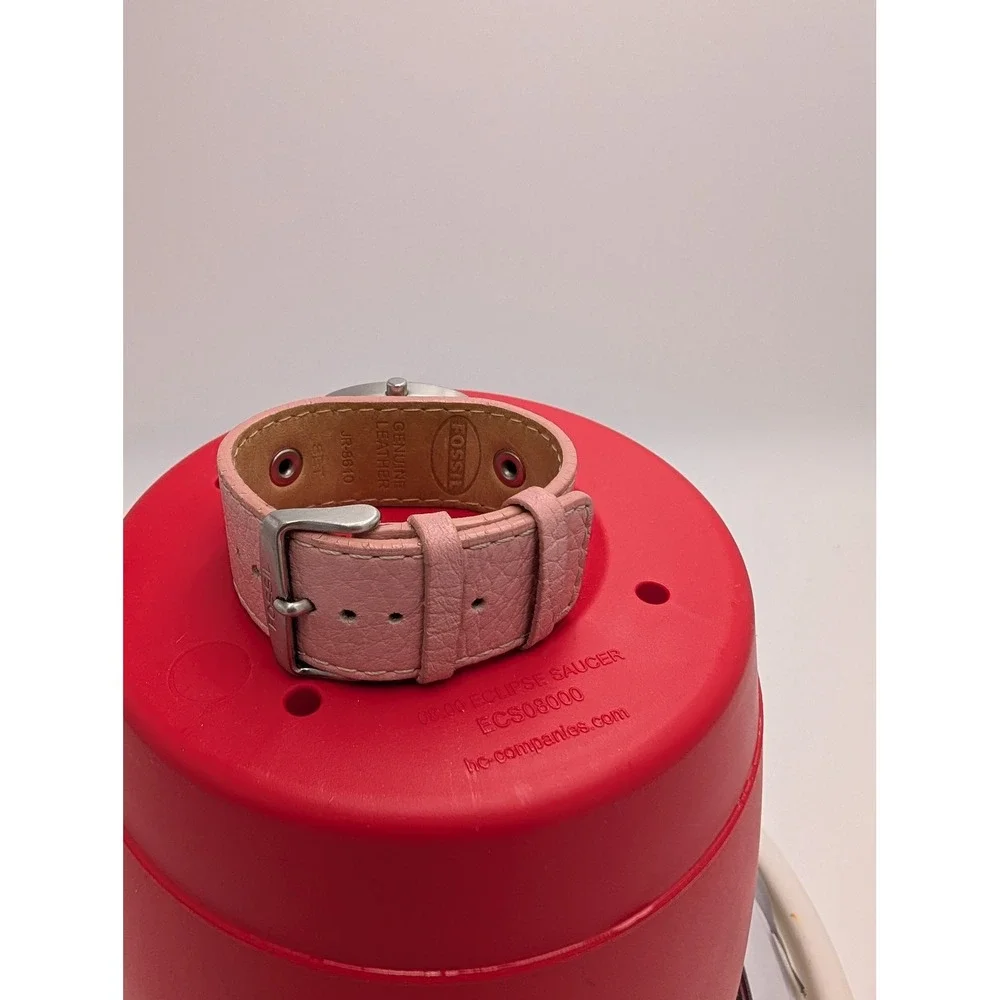 Fossil JR-8610 Pink Leather Cuff Watch Silver Rectangular NEW BATTERY
